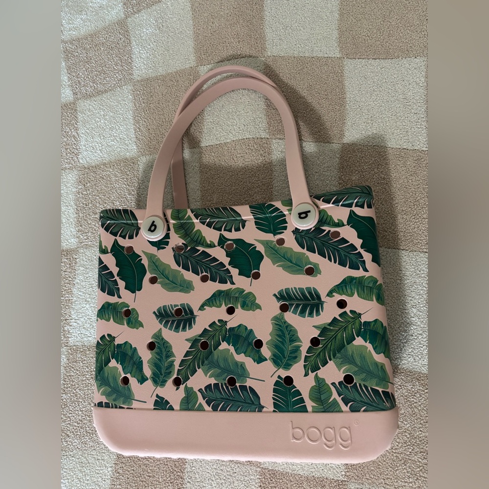 BOGG BAG Pink Tote with Green Leaf Print